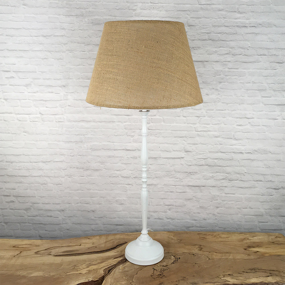 Natural hessian lampshade on table lamp unlit