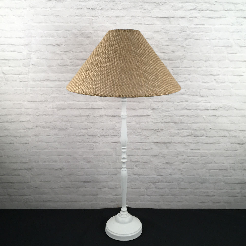 natural hessian coolie lampshade on white table lamp base, unlit