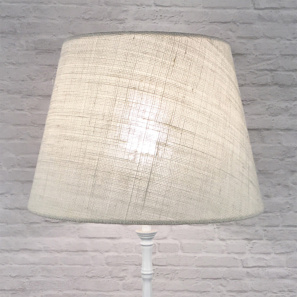 Off white hessian tapered drum lampshade on floor lamp