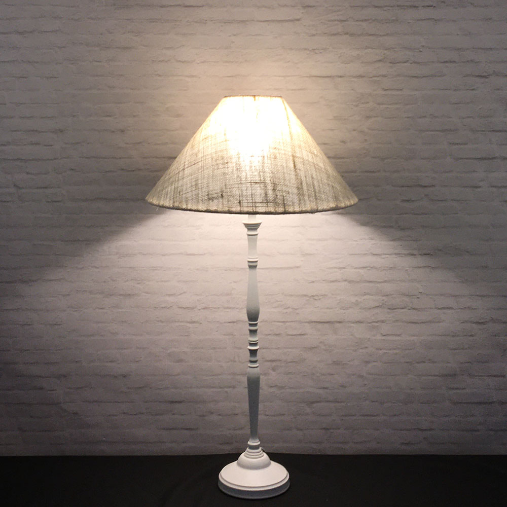 Off-white hessian coolie table lamp with white wooden base