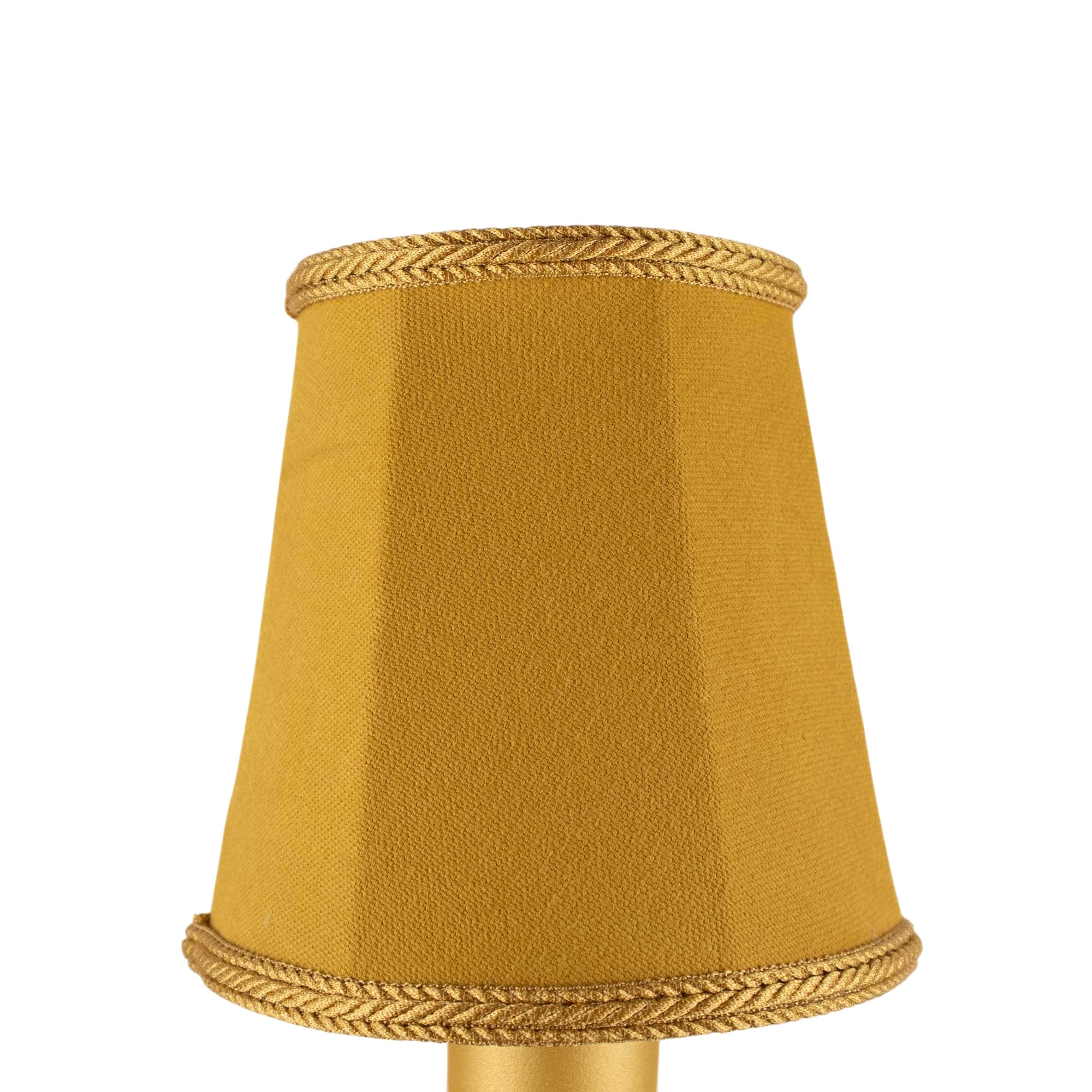 Empire brushed cotton candle shade in old gold with matching rope trim