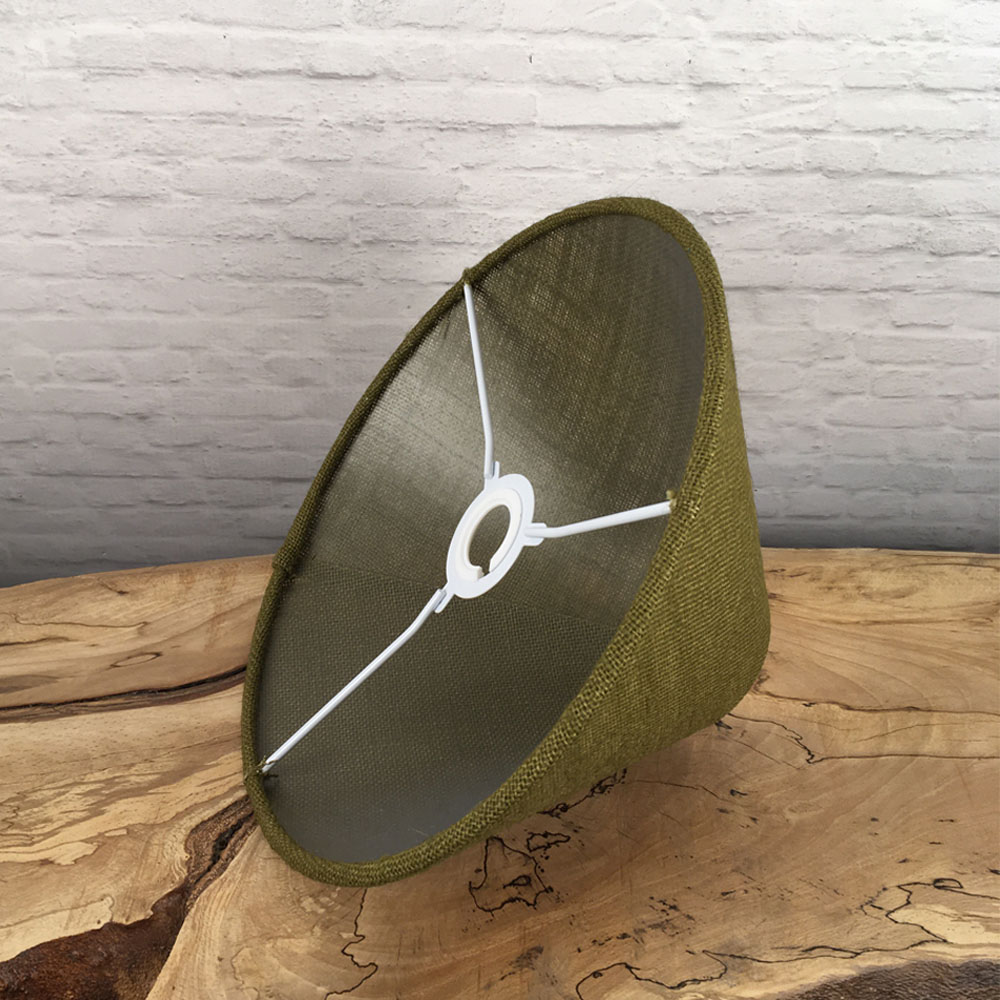 Interior view of a olive green hessian coolie lampshade with white frame