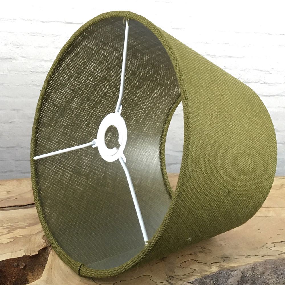 Inside view of olive green hessian lampshade with fitting