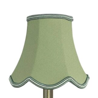 Scalloped brushed cotton chandelier shade in pear with a green and oyster soutache.