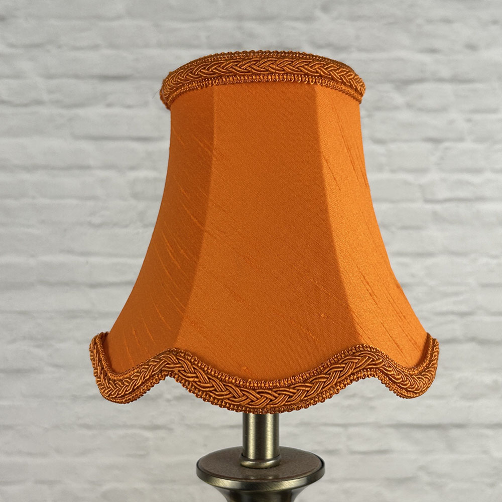 Pumpkin faux silk scalloped chandelier shade with plait trim unlit