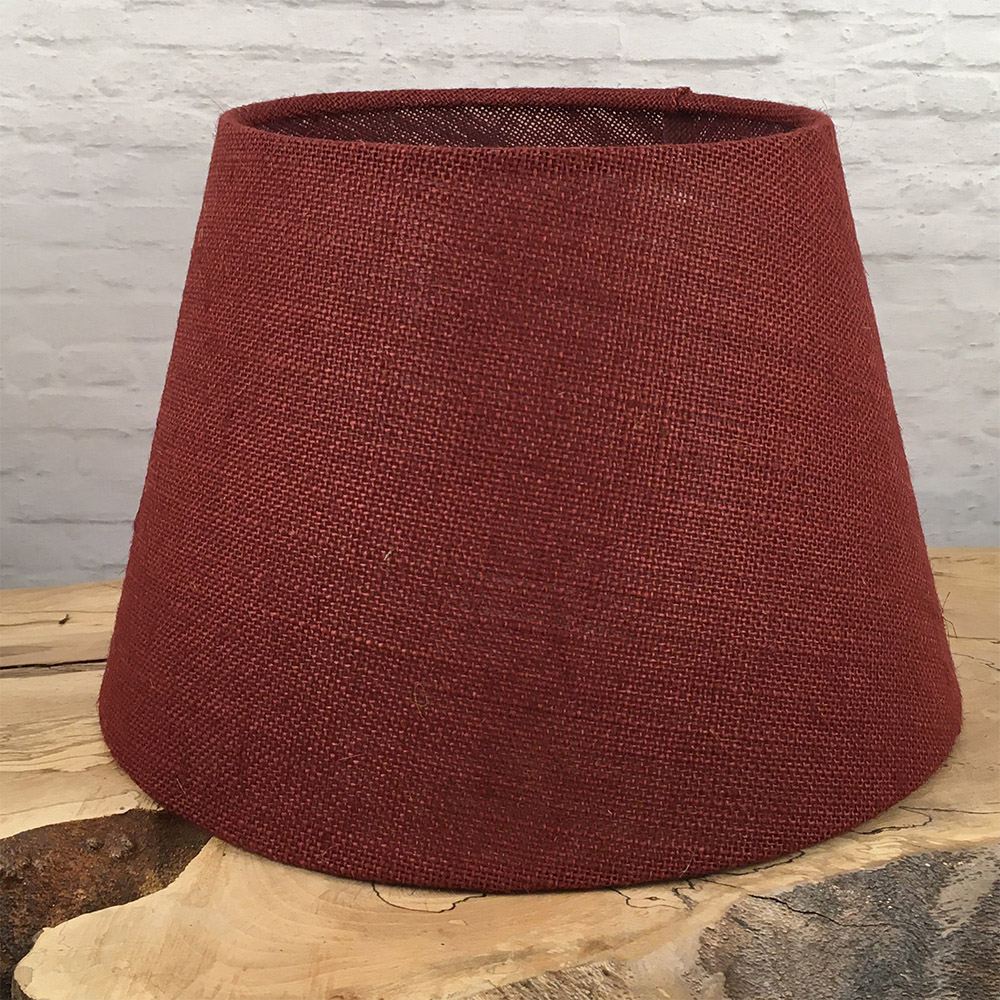 Red hessian tapered drum lampshade with woven burlap texture