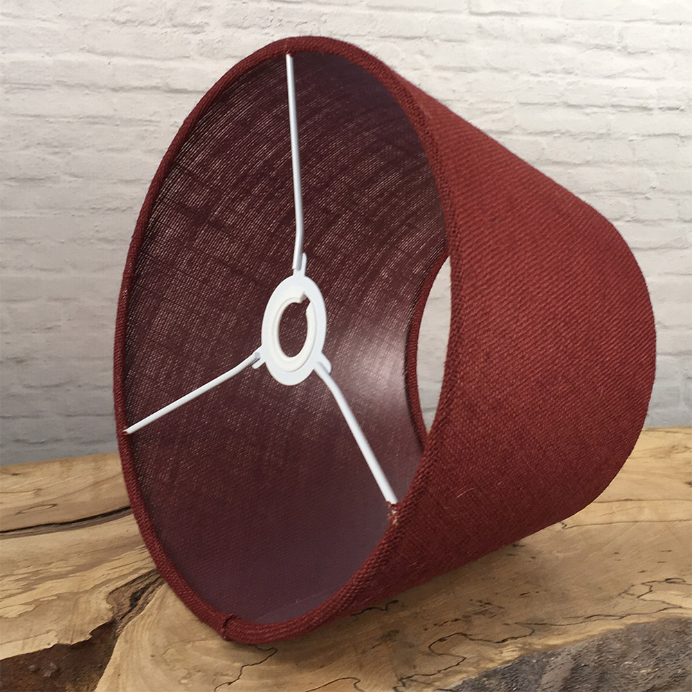 Interior view of red burlap tapered drum lampshade