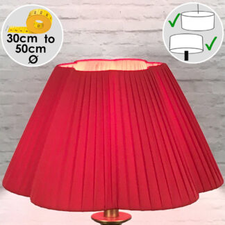 Red daisy pleated lampshade with scalloped edge and soft fabric folds
