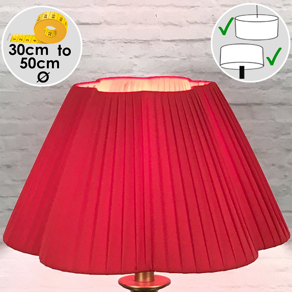 Red daisy pleated lampshade with scalloped edge and soft fabric folds