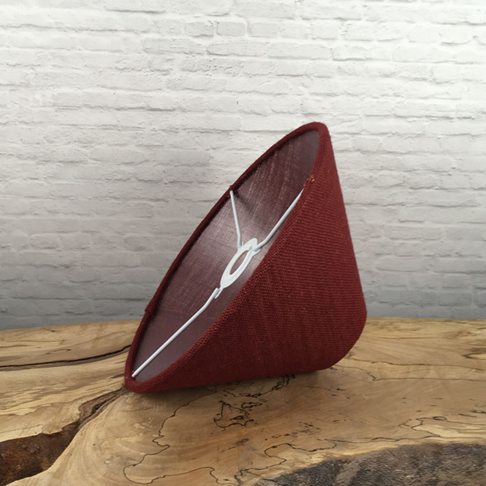 Interior view of red hessian coolie lampshade with white frame