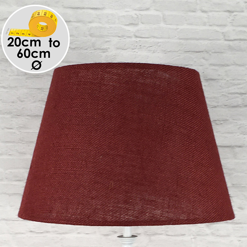 Red hessian drum lampshade in a tapered shape