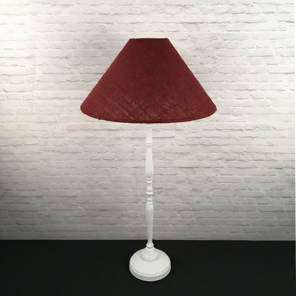 Red hessian coolie table lamp with white wooden base