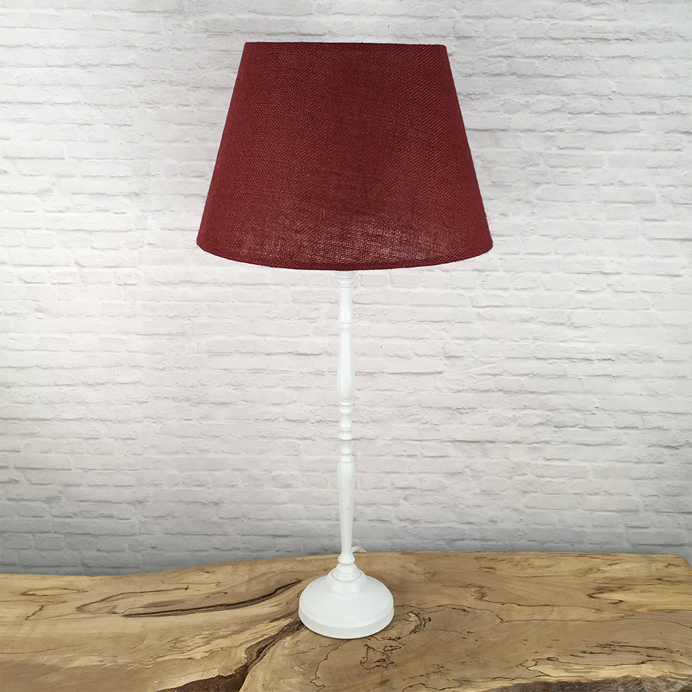 Red hessian tapered drum lampshade on table lamp