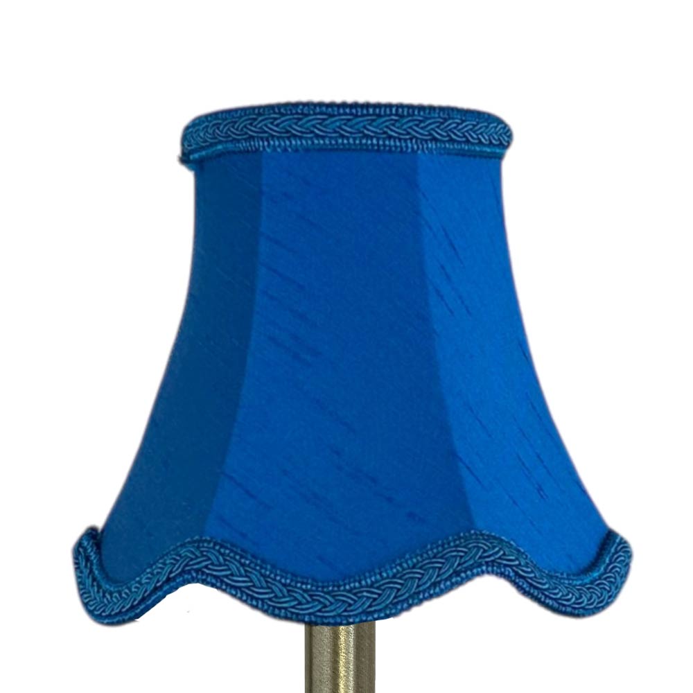 Scalloped faux silk lampshade in royal blue with matching plait trim