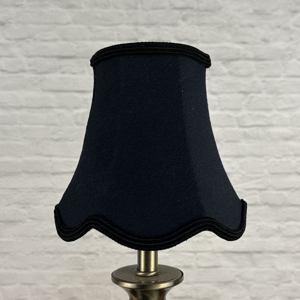 Black brushed cotton scalloped chandelier shade with black soutache trim unlit