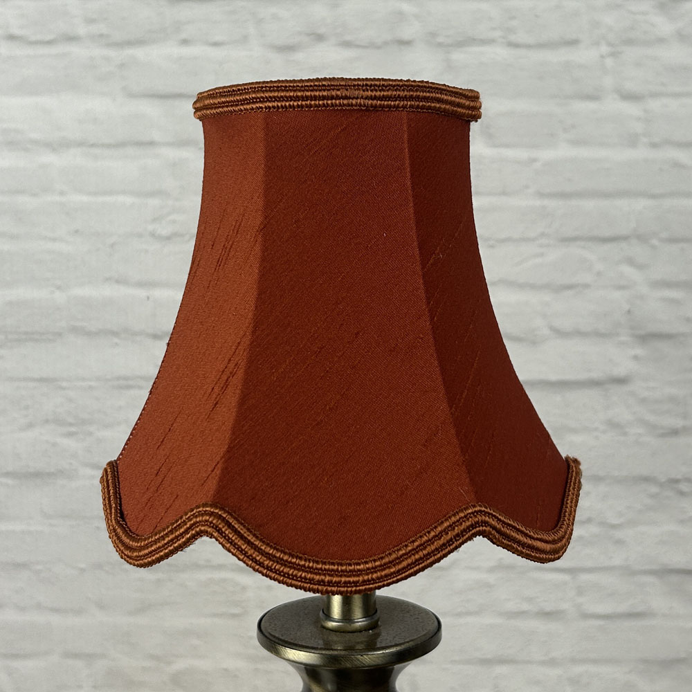 Terracotta faux silk scalloped chandelier shade with soutache trim unlit