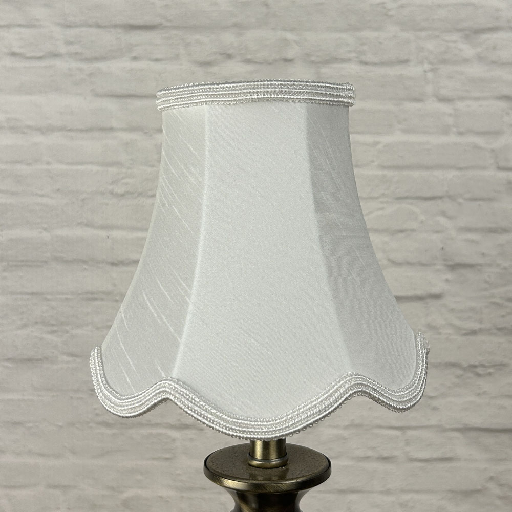 White faux silk scalloped chandelier shade with matching white soutache trim unlit