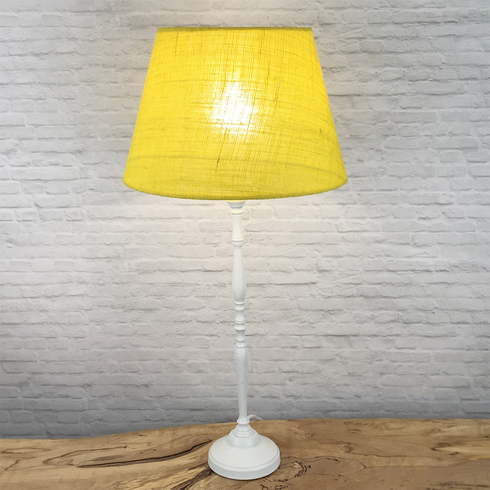 Yellow hessian table lamp with tapered drum shade